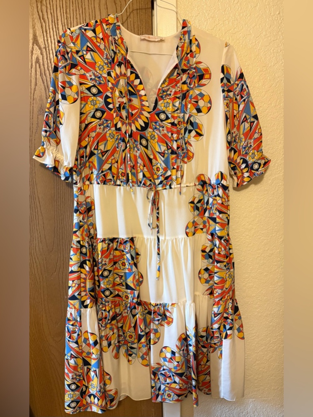 Tory Burch Tiered Midi Dress Geometric Print Tie Neck XS